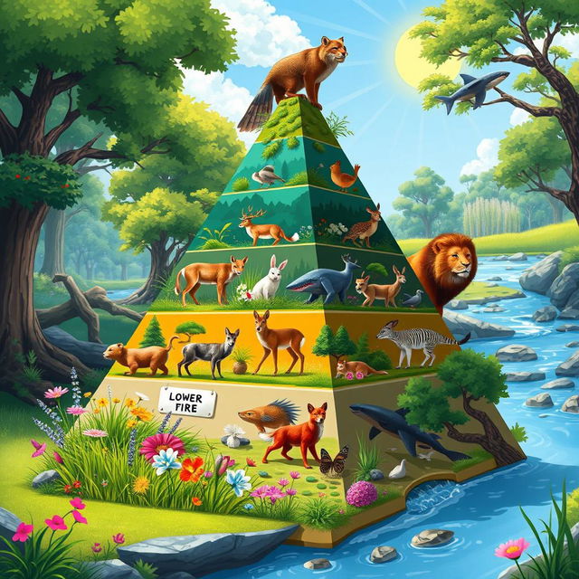 A colorful 2D illustration of an energy pyramid showcasing various animals in their respective trophic levels within an ecosystem