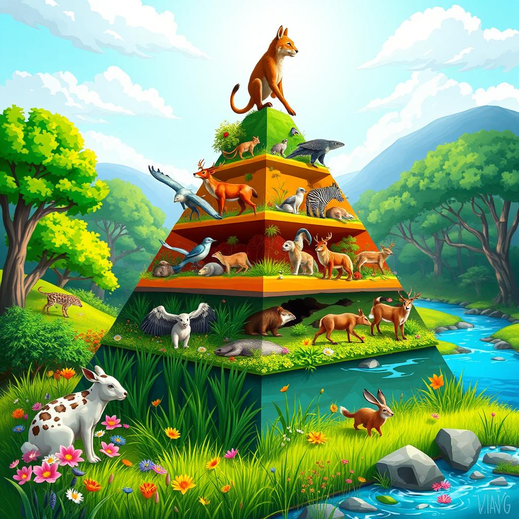 A colorful 2D illustration of an energy pyramid showcasing various animals in their respective trophic levels within an ecosystem