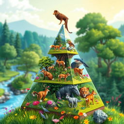 A colorful 2D illustration of an energy pyramid showcasing various animals in their respective trophic levels within an ecosystem