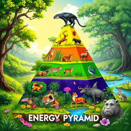 A colorful 2D illustration of an energy pyramid showcasing various animals in their respective trophic levels within an ecosystem