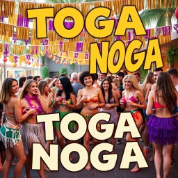 A vibrant and eye-catching advertisement for a college toga party called "TOGA NOGA"