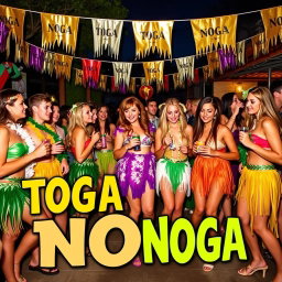 A vibrant and eye-catching advertisement for a college toga party called "TOGA NOGA"