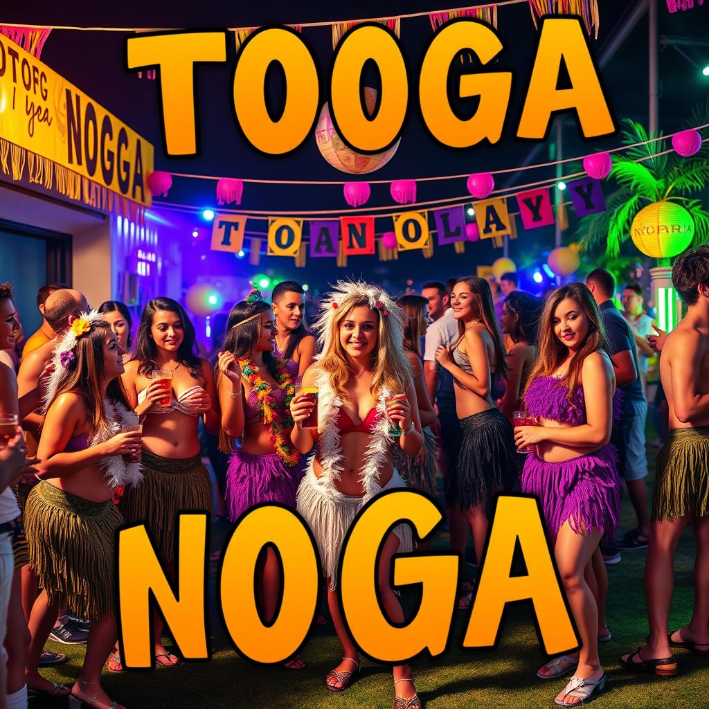 A vibrant and eye-catching advertisement for a college toga party called "TOGA NOGA"