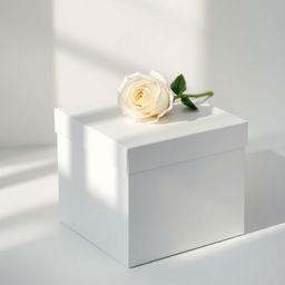 A pristine white cube box elegantly adorned with a delicate white rose placed gently on top