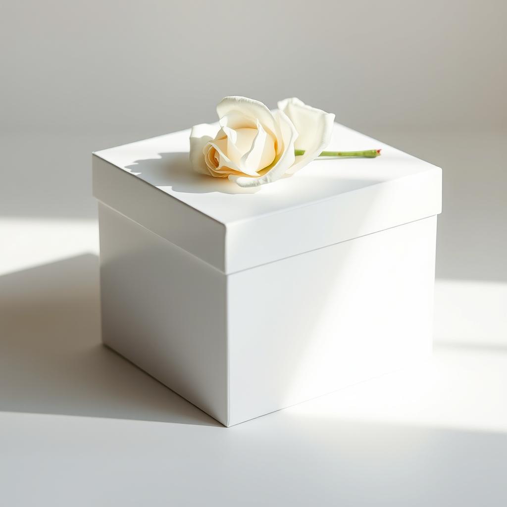 A pristine white cube box elegantly adorned with a delicate white rose placed gently on top