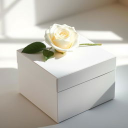 A pristine white cube box elegantly adorned with a delicate white rose placed gently on top