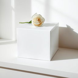 A pristine white cube box elegantly adorned with a delicate white rose placed gently on top