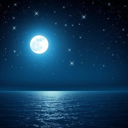 A captivating night sky filled with a brilliant, shining white moon surrounded by numerous twinkling stars