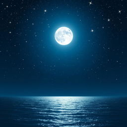 A captivating night sky filled with a brilliant, shining white moon surrounded by numerous twinkling stars