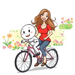 A whimsical hand-drawn style illustration featuring a white cartoon character wearing a bright red T-shirt riding a bicycle alongside an attractive woman with flowing hair