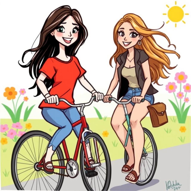 A whimsical hand-drawn style illustration featuring a white cartoon character wearing a bright red T-shirt riding a bicycle alongside an attractive woman with flowing hair