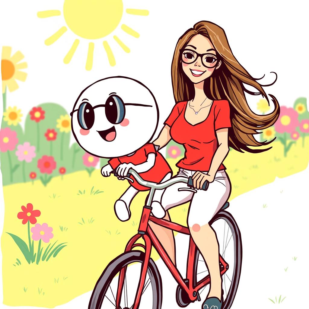 A whimsical hand-drawn style illustration featuring a white cartoon character wearing a bright red T-shirt riding a bicycle alongside an attractive woman with flowing hair