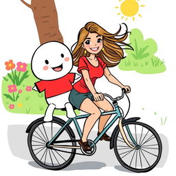 A whimsical hand-drawn style illustration featuring a white cartoon character wearing a bright red T-shirt riding a bicycle alongside an attractive woman with flowing hair