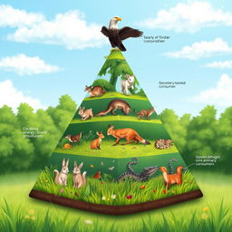 An educational 2D illustration of an energy pyramid in a natural ecosystem