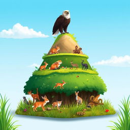 An educational 2D illustration of an energy pyramid in a natural ecosystem