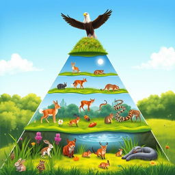An educational 2D illustration of an energy pyramid in a natural ecosystem