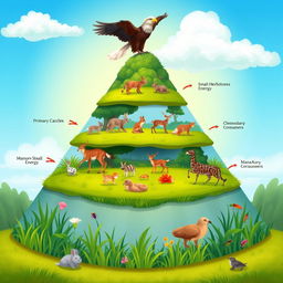 An educational 2D illustration of an energy pyramid in a natural ecosystem