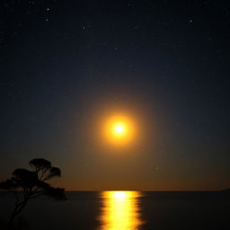 A serene night sky filled with a plethora of shining stars surrounding a small, bright, golden moon