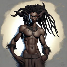 Picture a high-quality digital art of a young, slender, innocent-looking, slightly masculine, nonbinary black satyr