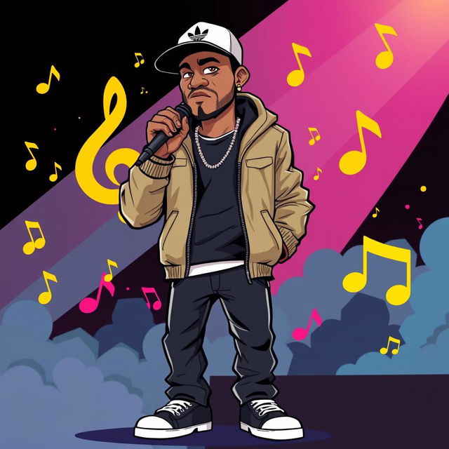 An illustration of a serious rapper in a full-body view, wearing a cap and performing rap in the style of the game IncrediBox