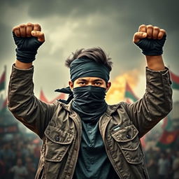 A young Bangladeshi revolutionary man standing confidently with his fists raised in a powerful pose