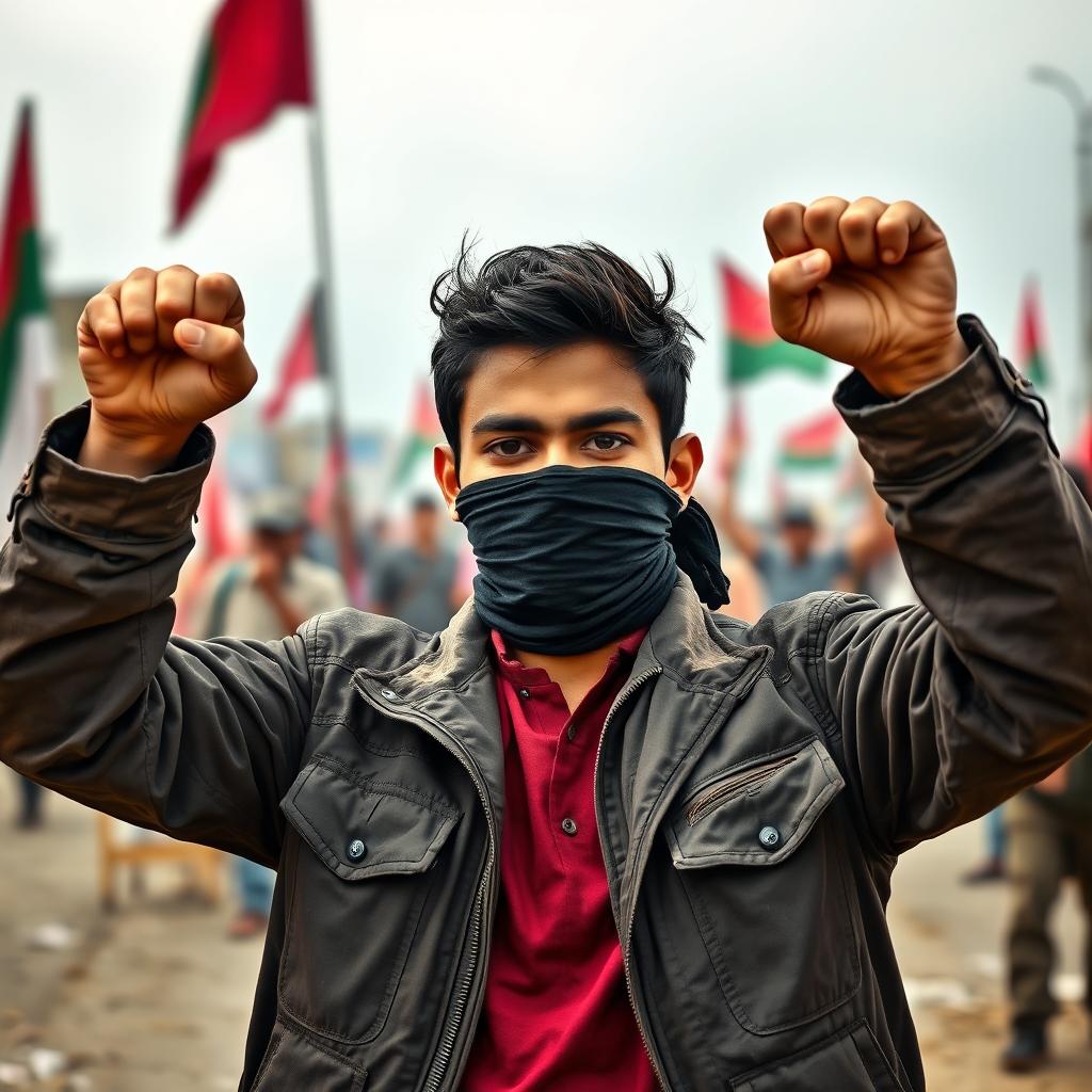 A young Bangladeshi revolutionary man standing confidently with his fists raised in a powerful pose