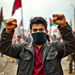 A young Bangladeshi revolutionary man standing confidently with his fists raised in a powerful pose