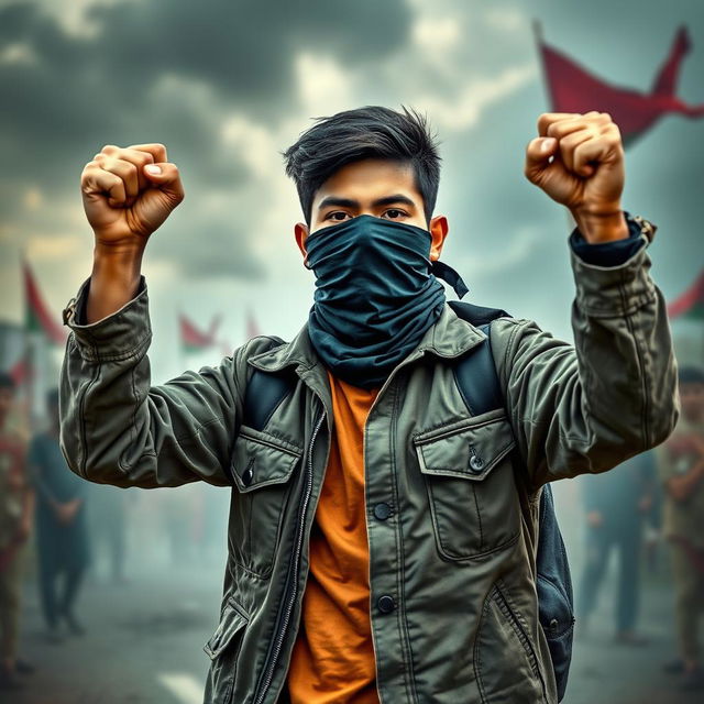 A young Bangladeshi revolutionary man standing confidently with his fists raised in a powerful pose