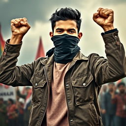 A young Bangladeshi revolutionary man standing confidently with his fists raised in a powerful pose