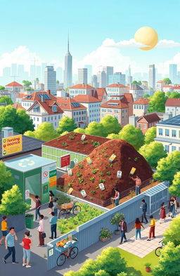 A detailed illustration depicting a sustainable city waste management strategy
