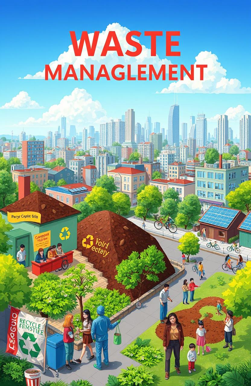 A detailed illustration depicting a sustainable city waste management strategy