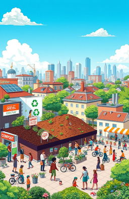 A detailed illustration depicting a sustainable city waste management strategy