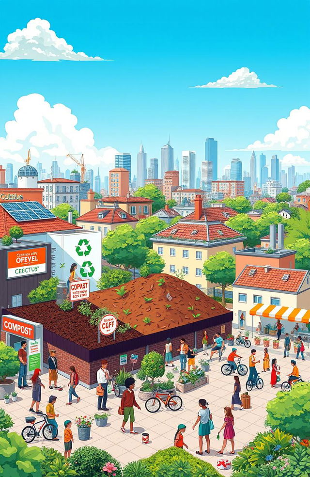 A detailed illustration depicting a sustainable city waste management strategy