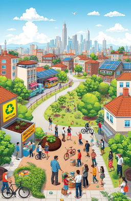 A detailed illustration depicting a sustainable city waste management strategy