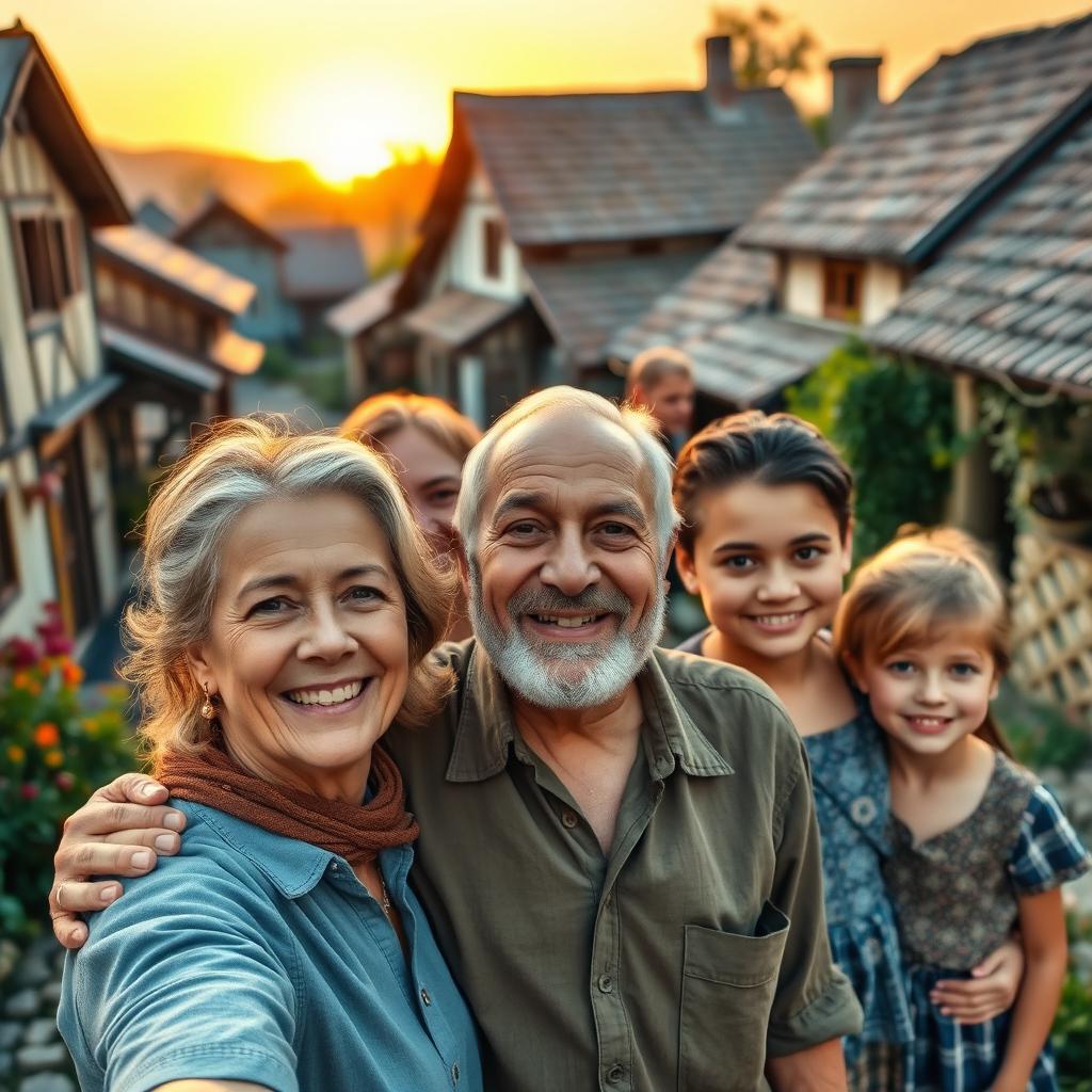 An old man with a warm smile is surrounded by his loving family in a quaint village setting
