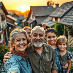 An old man with a warm smile is surrounded by his loving family in a quaint village setting