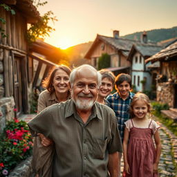 An old man with a warm smile is surrounded by his loving family in a quaint village setting