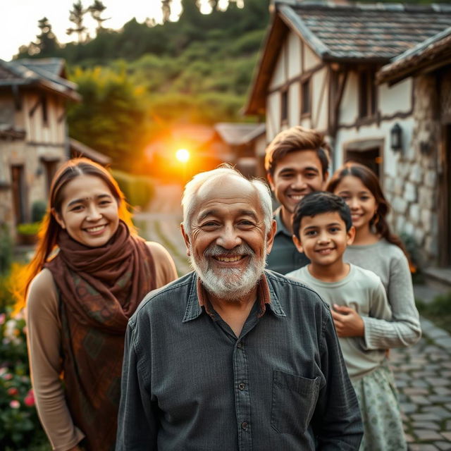 An old man with a warm smile is surrounded by his loving family in a quaint village setting