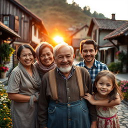 An old man with a warm smile is surrounded by his loving family in a quaint village setting