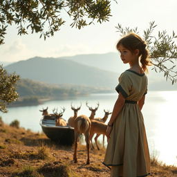 A young girl with a tall and slender figure stands gracefully on a hillside overlooking a serene lake, dressed in a beautiful outfit made from deer skin
