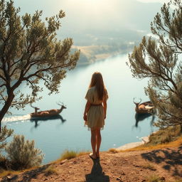 A young girl with a tall and slender figure stands gracefully on a hillside overlooking a serene lake, dressed in a beautiful outfit made from deer skin