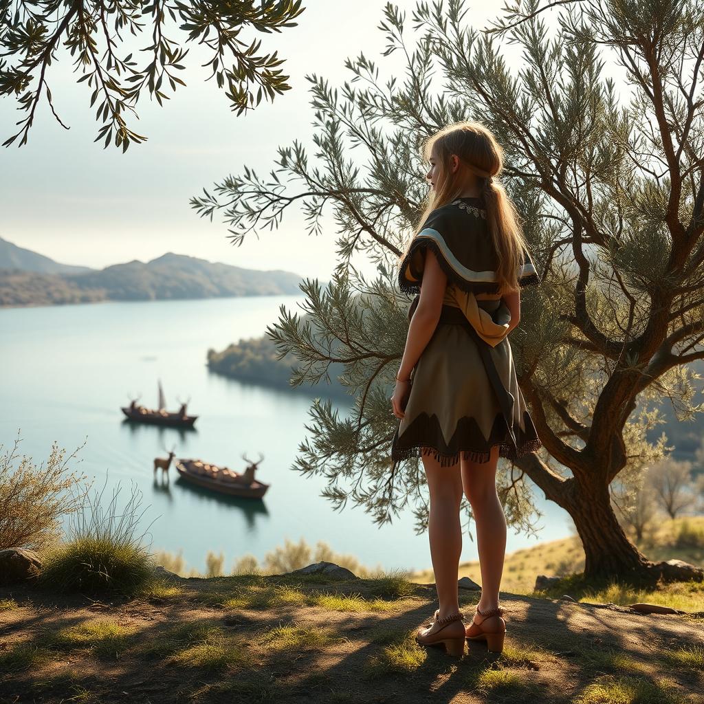 A young girl with a tall and slender figure stands gracefully on a hillside overlooking a serene lake, dressed in a beautiful outfit made from deer skin