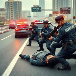 A dramatic 3D rendered scene for a YouTube thumbnail depicting a wide urban highway where a defiant criminal lies on the ground as multiple police officers in detailed uniforms are actively arresting him