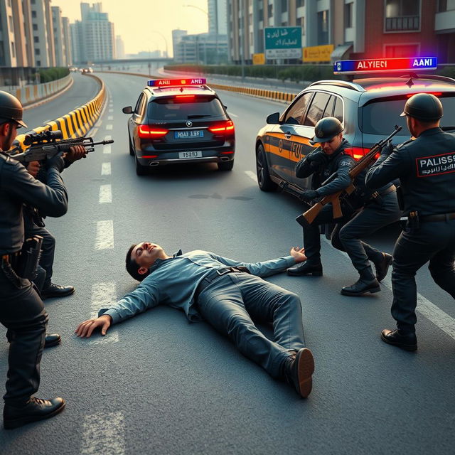 A dramatic 3D rendered scene for a YouTube thumbnail depicting a wide urban highway where a defiant criminal lies on the ground as multiple police officers in detailed uniforms are actively arresting him