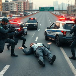 A dramatic 3D rendered scene for a YouTube thumbnail depicting a wide urban highway where a defiant criminal lies on the ground as multiple police officers in detailed uniforms are actively arresting him