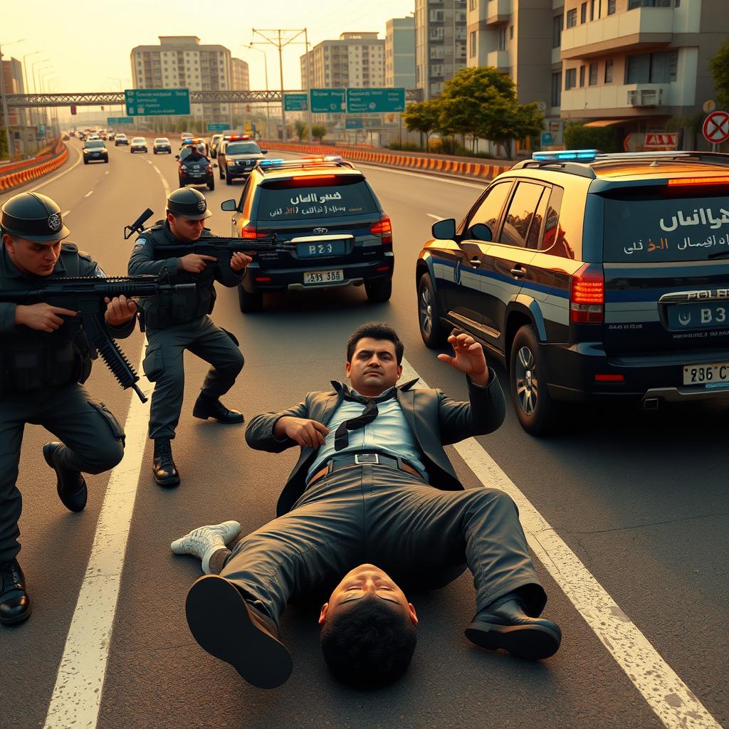 A dramatic 3D rendered scene for a YouTube thumbnail depicting a wide urban highway where a defiant criminal lies on the ground as multiple police officers in detailed uniforms are actively arresting him