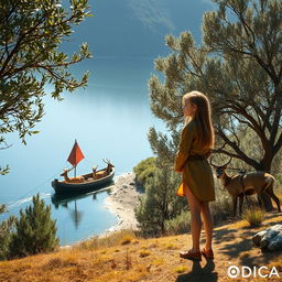 A young girl with a tall and slender figure stands gracefully on a hillside overlooking a serene lake, dressed in a beautiful outfit made from deer skin