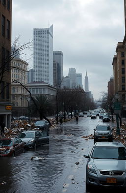 A desolate New York City street after Superstorm Sandy, showcasing severe flooding damage