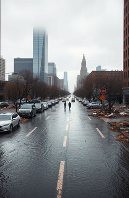 A desolate New York City street after Superstorm Sandy, showcasing severe flooding damage