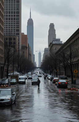 A desolate New York City street after Superstorm Sandy, showcasing severe flooding damage